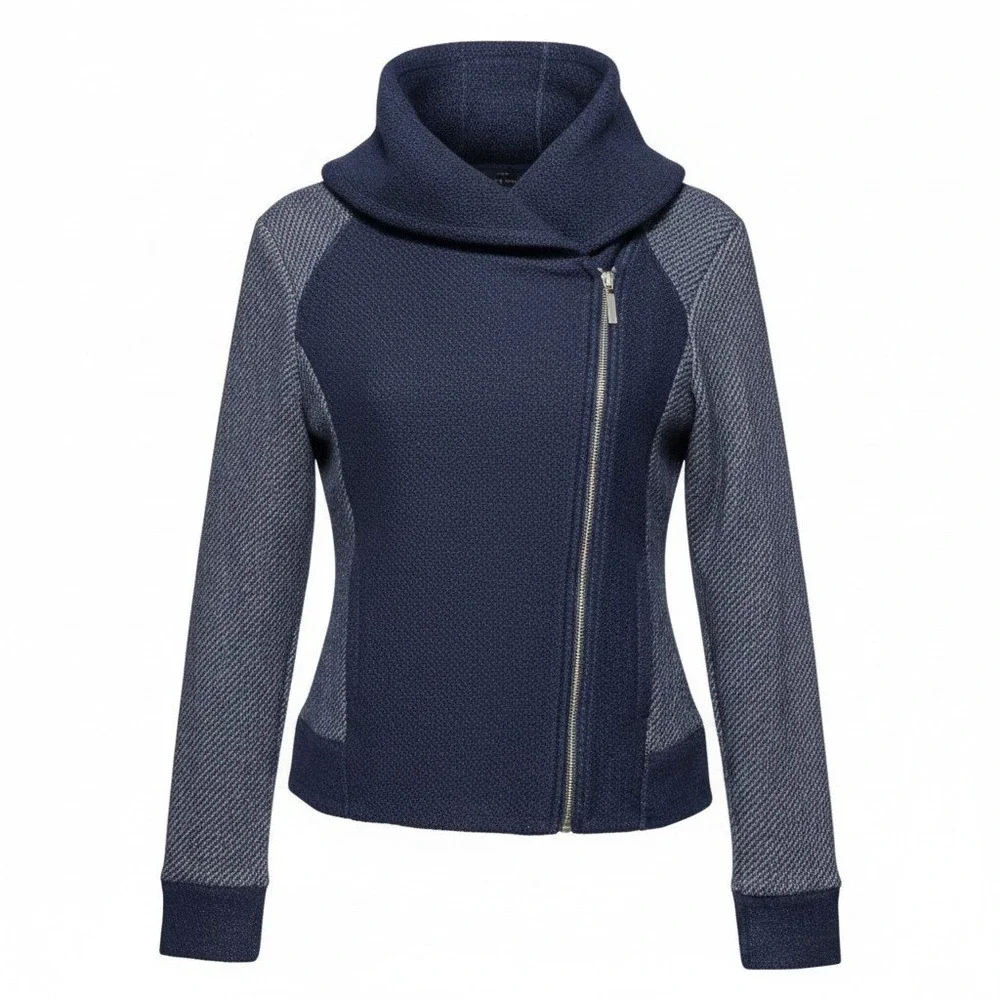 Lucky Brand Moto Hoodie Womens Medium Navy Blue Asymmetric Zip Textured Knit
